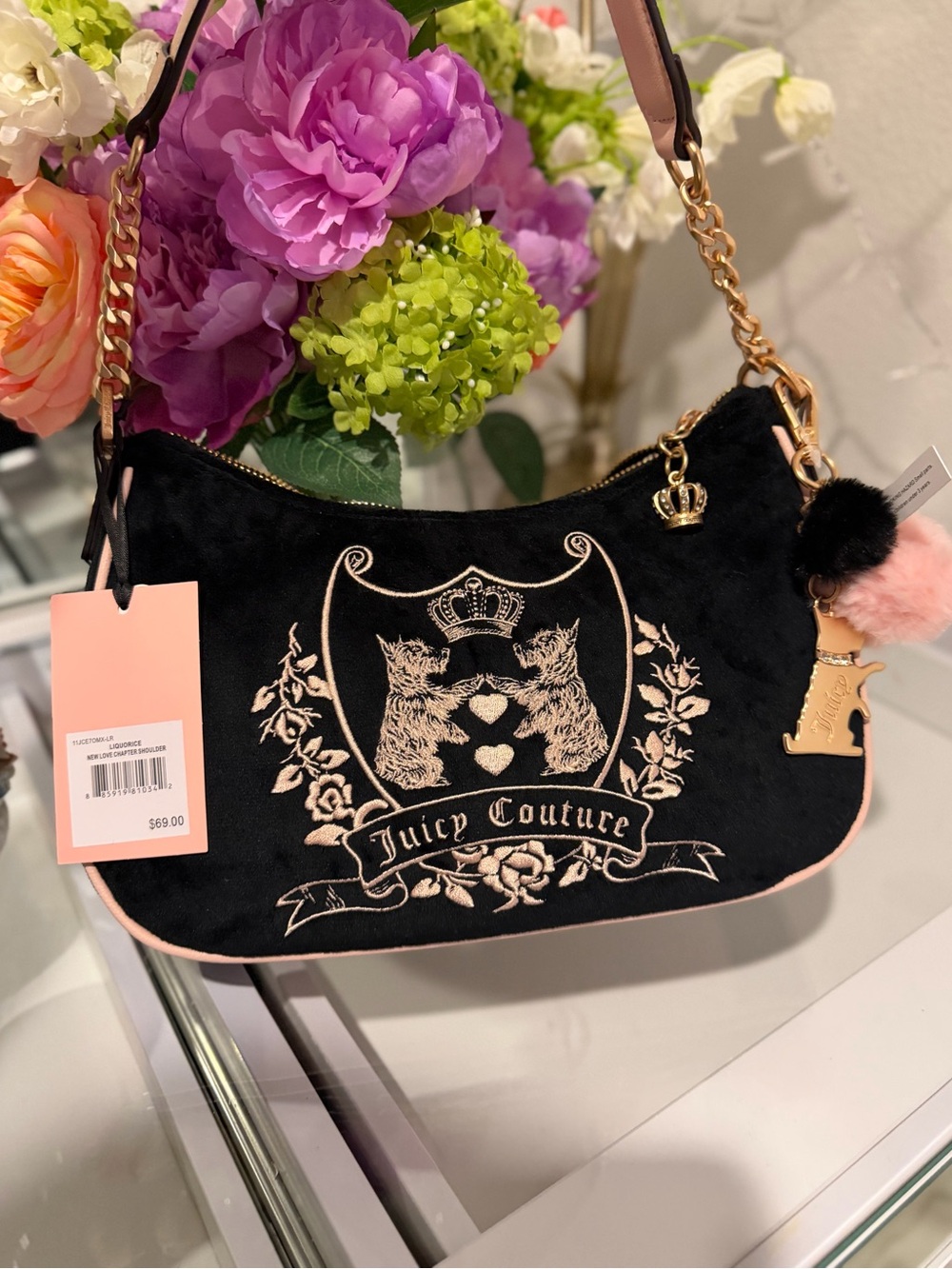 Juicy new love chapter black liquorice pink Scottie dog charm viral y2k velour